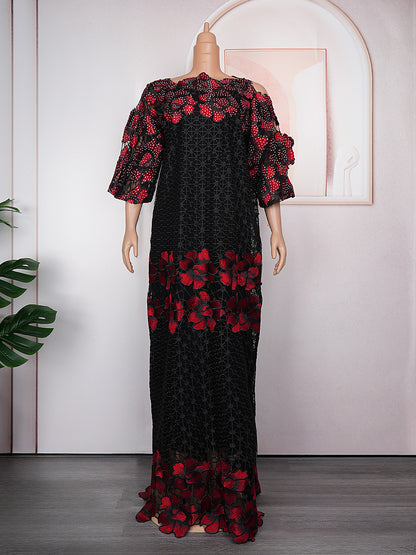 African Women's Wear Plus Size Embroidered Lace Dress